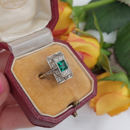 Antique Edwardian Emerald and Diamond Panel Ring