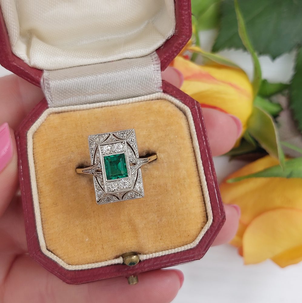 Antique Edwardian Emerald and Diamond Panel Ring