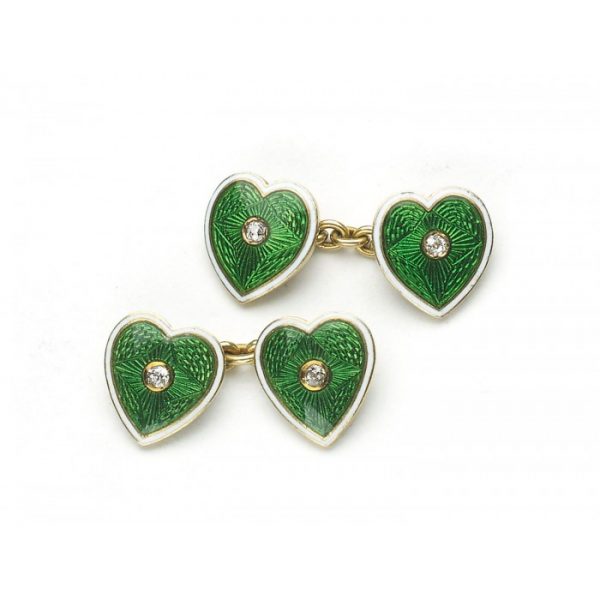 Antique Edwardian Enamel and Diamond Heart Cufflinks