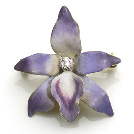 Antique Edwardian Enamel Orchid Flower Gold Brooch