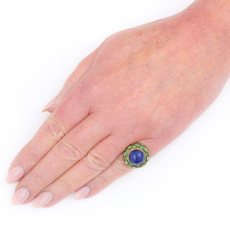 Antique Edwardian Lapis Lazuli Green Enamel and Rose Cut Diamond Dome Bombe Cocktail Ring
