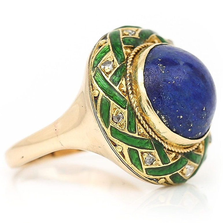Antique Edwardian Lapis Lazuli Green Enamel and Rose Cut Diamond Dome Bombe Cocktail Ring
