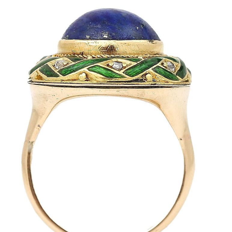 Antique Edwardian Lapis Lazuli Green Enamel and Rose Cut Diamond Dome Bombe Cocktail Ring