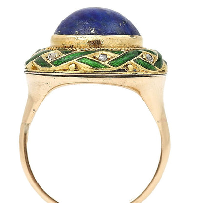 Antique Edwardian Lapis Lazuli Green Enamel and Rose Cut Diamond Dome Bombe Cocktail Ring