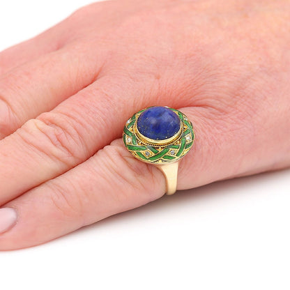 Antique Edwardian Lapis Lazuli Green Enamel and Rose Cut Diamond Dome Bombe Cocktail Ring