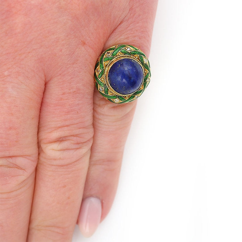 Antique Lapis Lazuli Green Enamel Diamond Cocktail Ring