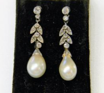 Antique Edwardian Natural Pearl and Diamond Drop Earrings