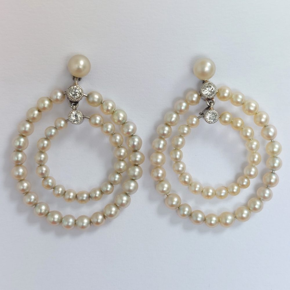 Antique Edwardian Natural Pearl and Diamond Hoop Earrings