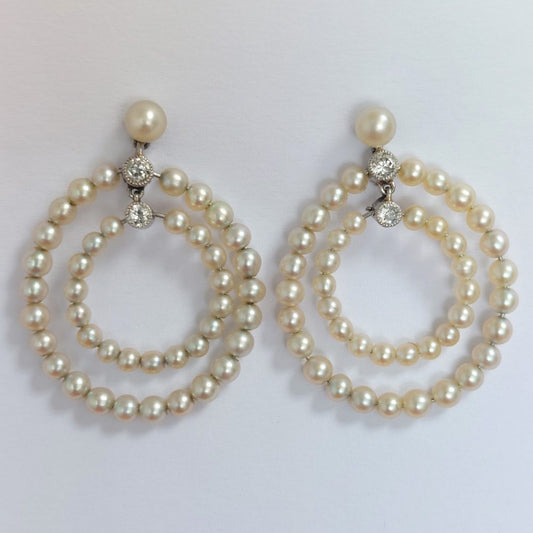 Antique Edwardian Natural Pearl and Diamond Hoop Earrings