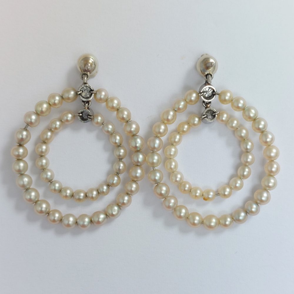 Antique Edwardian Natural Pearl and Diamond Hoop Earrings