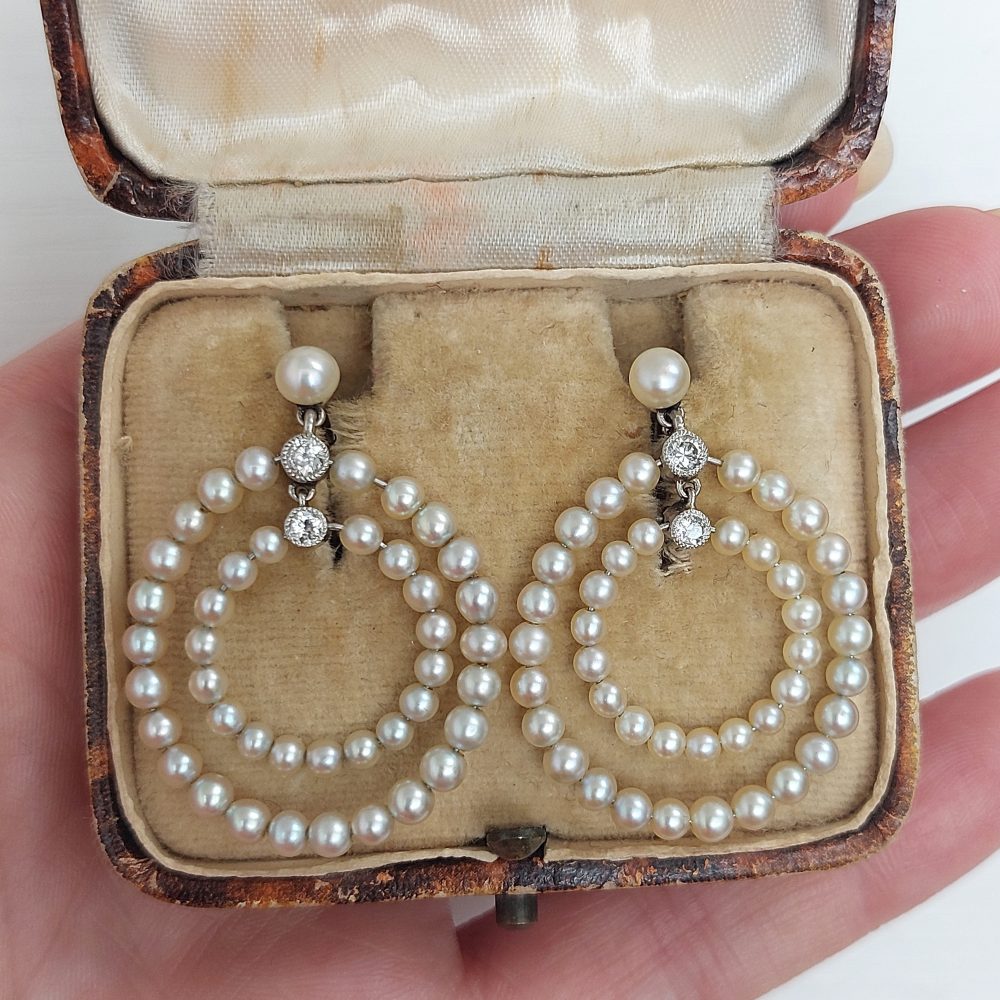 Antique Edwardian Natural Pearl and Diamond Hoop Earrings