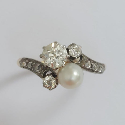 Antique Edwardian Natural Pearl and Diamond Toi et Moi Ring