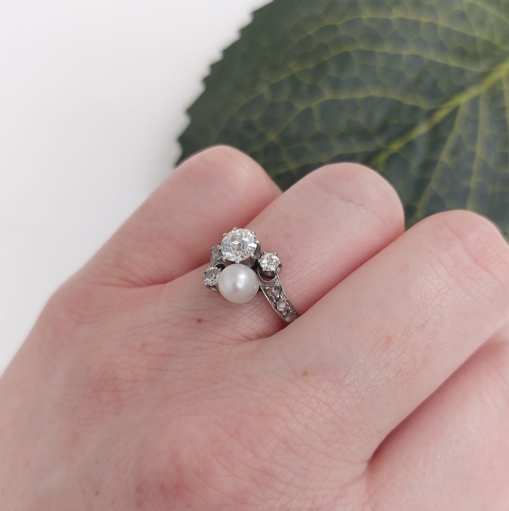 Antique Edwardian Natural Pearl and Diamond Toi et Moi Ring