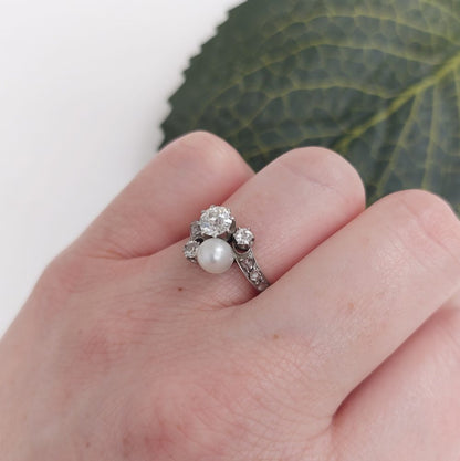 Antique Edwardian Natural Pearl and Diamond Toi et Moi Ring