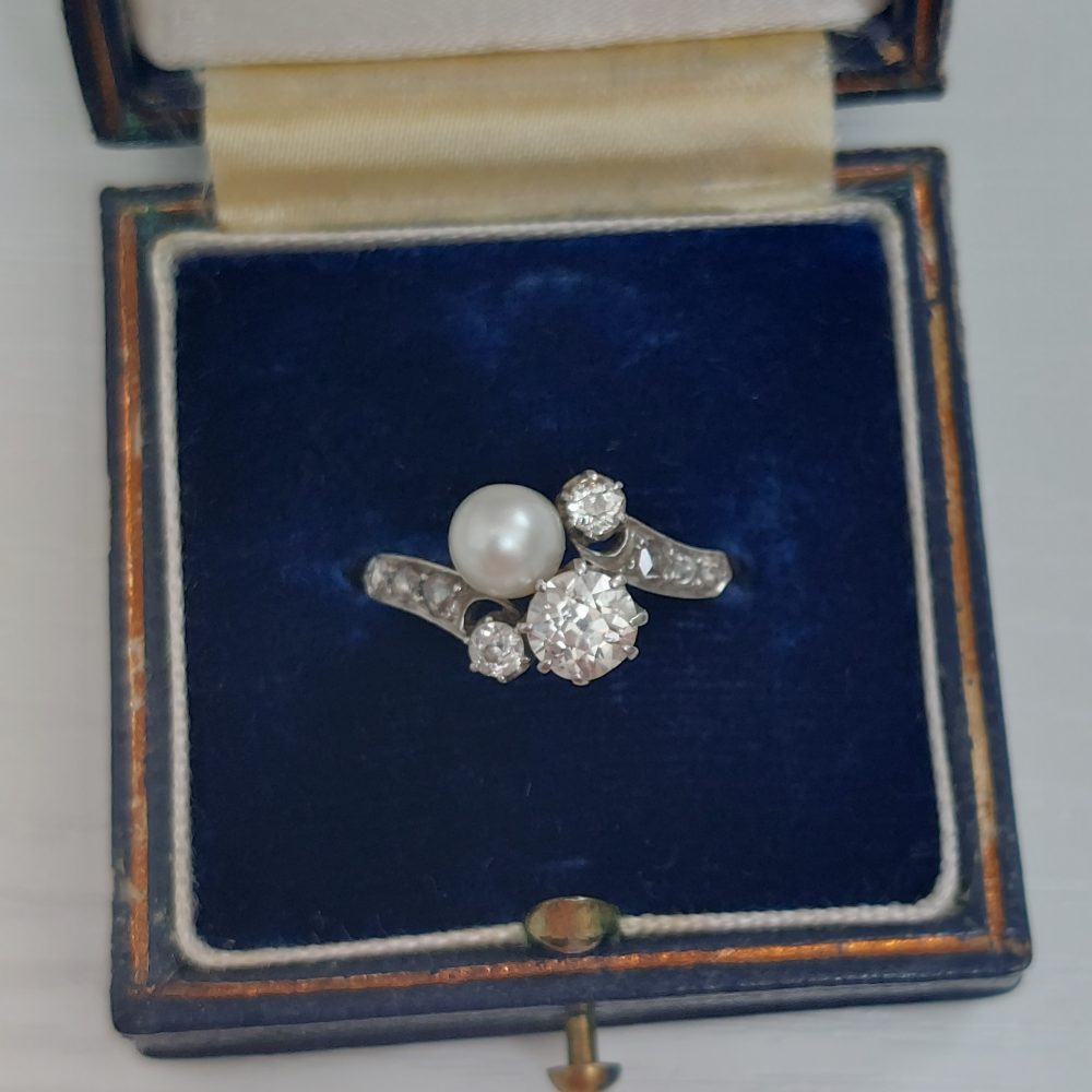 Antique Edwardian Natural Pearl and Diamond Toi et Moi Ring