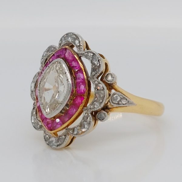 Antique Belle Epoque Ruby and Diamond Marquise Ring