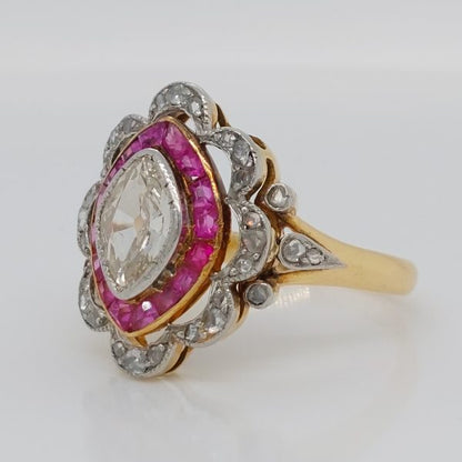 Antique Belle Epoque Ruby and Diamond Marquise Ring
