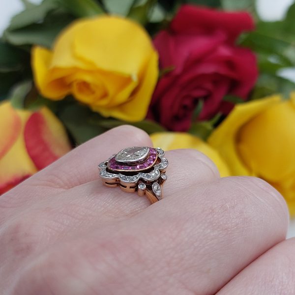 Antique Belle Epoque Ruby and Diamond Marquise Ring