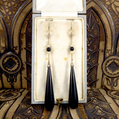 Antique Edwardian Onyx and Pearl Drop Earrings with Diamonds