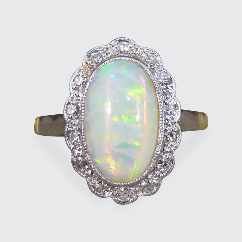 Antique Edwardian Opal and Diamond Cluster Ring