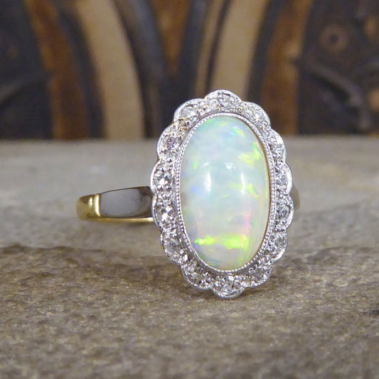 Antique Edwardian Opal and Diamond Cluster Ring