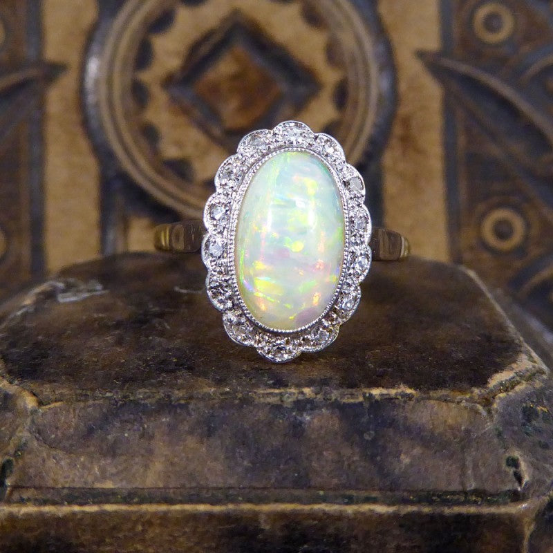 Antique Edwardian Opal and Diamond Cluster Ring