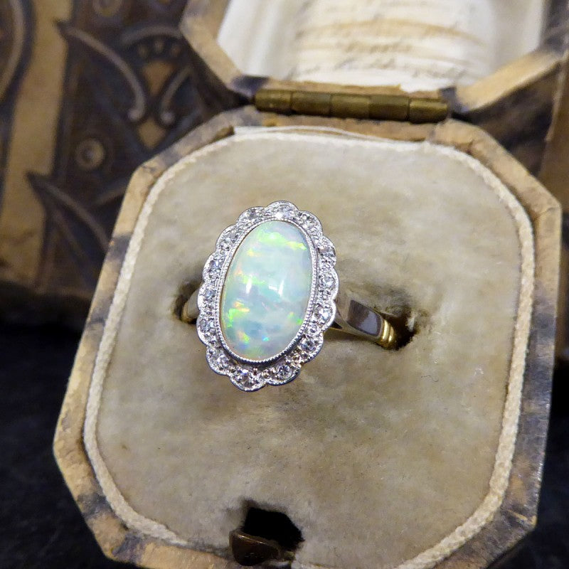 Antique Edwardian Opal and Diamond Cluster Ring