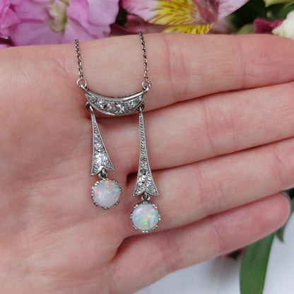 Antique Edwardian Opal and Diamond Negligee Pendant Drop Necklace
