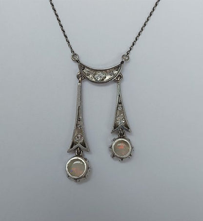 Antique Edwardian Opal and Diamond Negligee Pendant Drop Necklace