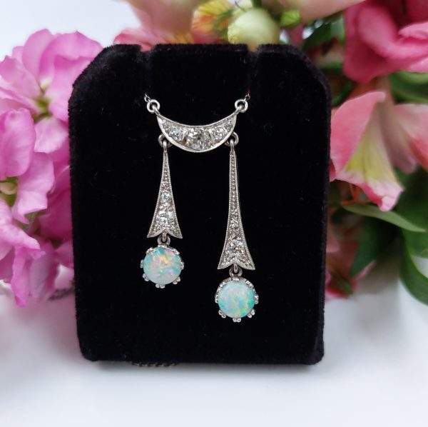 Antique Edwardian Opal and Diamond Negligee Pendant Drop Necklace