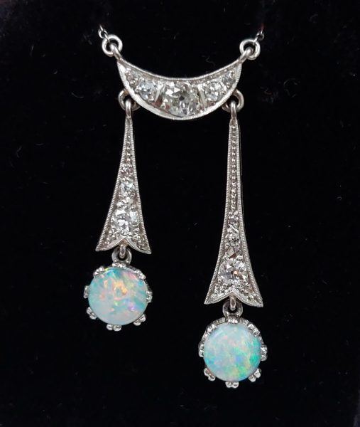 Antique Edwardian Opal and Diamond Negligee Pendant Drop Necklace