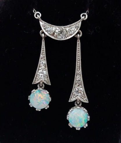 Antique Edwardian Opal and Diamond Negligee Pendant Drop Necklace