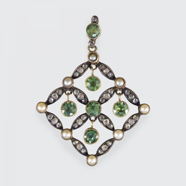 Antique Edwardian Peridot Pearl and Diamond Pendant