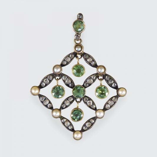 Antique Edwardian Peridot Pearl and Diamond Pendant
