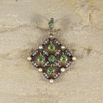 Antique Edwardian Peridot Pearl and Diamond Pendant