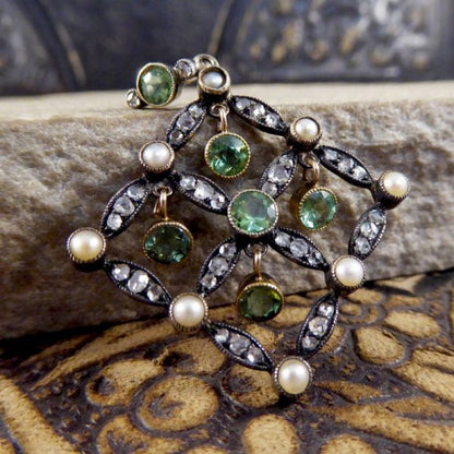 Antique Edwardian Peridot Pearl and Diamond Pendant