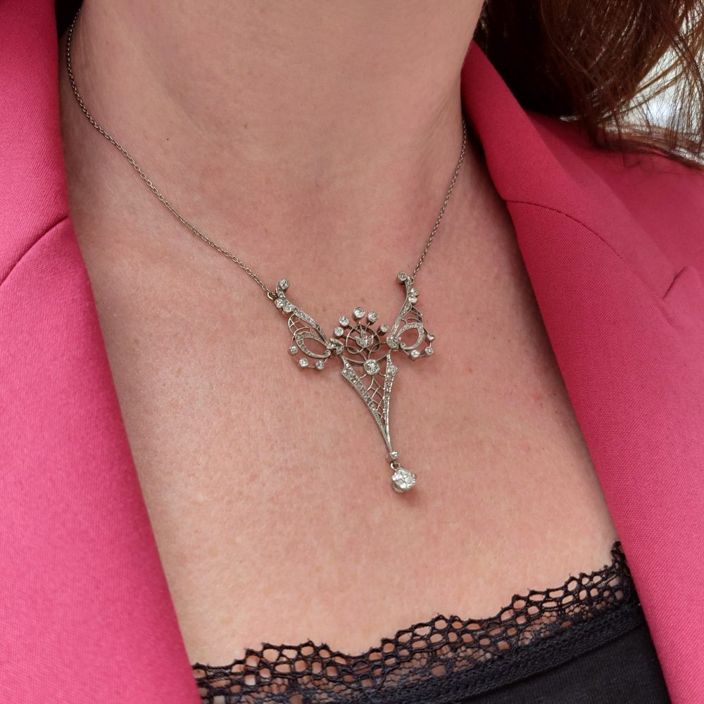 Antique Edwardian Platinum and Diamond Pendant Necklace