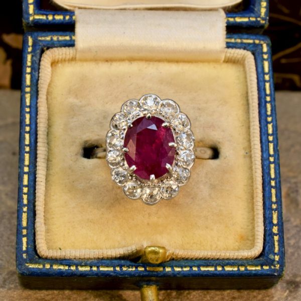 Antique Edwardian Ruby 2.35ct and Diamond Cluster Ring