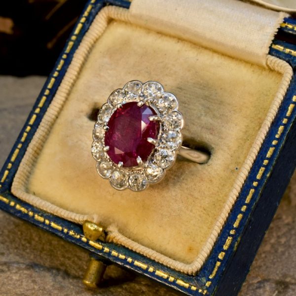 Antique Edwardian Ruby 2.35ct and Diamond Cluster Ring