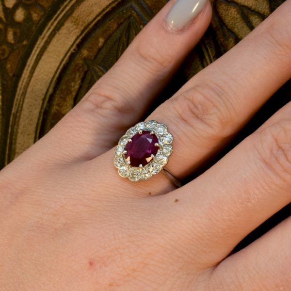 Antique Edwardian Ruby 2.35ct and Diamond Cluster Ring