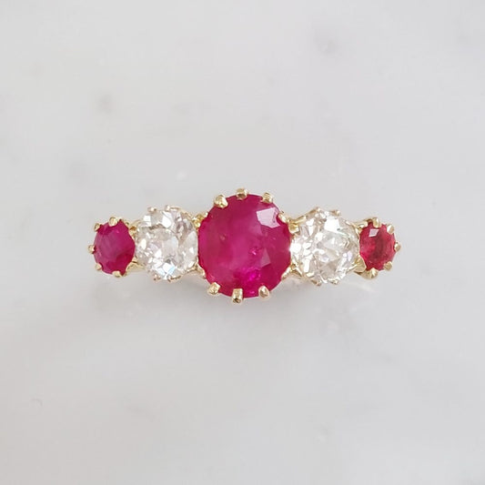 Antique Edwardian Ruby and Diamond Five Stone Ring
