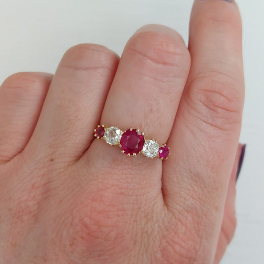 Antique Edwardian Ruby and Diamond Five Stone Ring