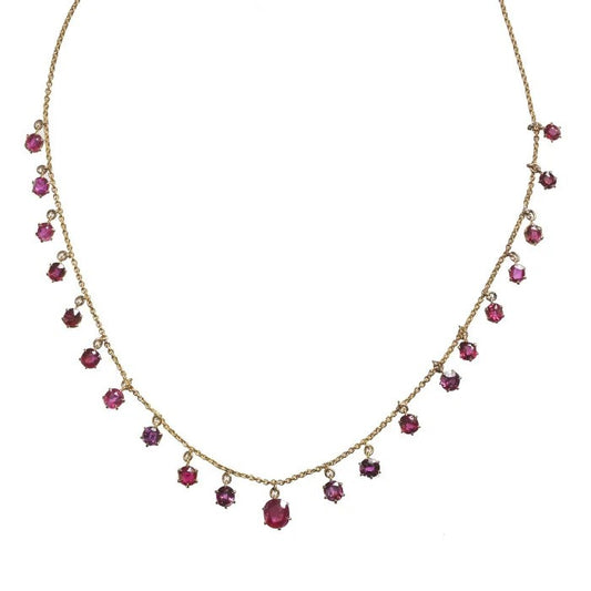 Antique Edwardian Cushion Cut Ruby and Gold Fringe Necklace