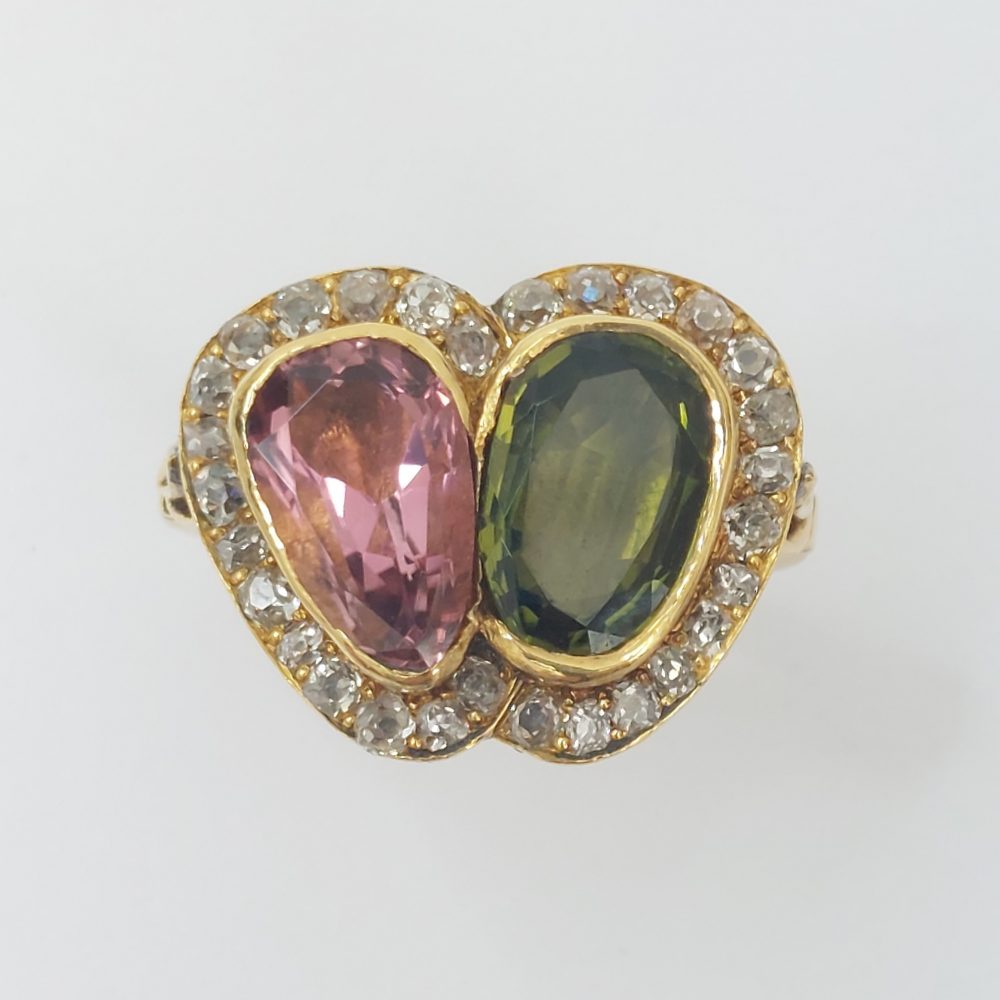 Antique Edwardian Sweetheart Pink and Green Tourmaline Ring