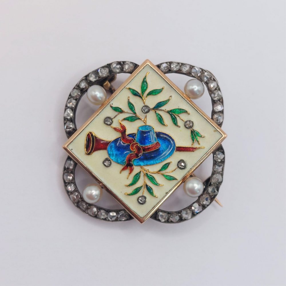Antique Falize Enamel and Diamond Brooch