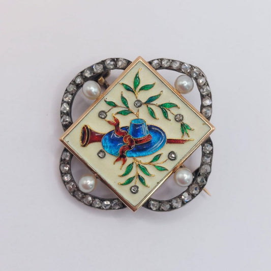 Antique Falize Enamel and Diamond Brooch