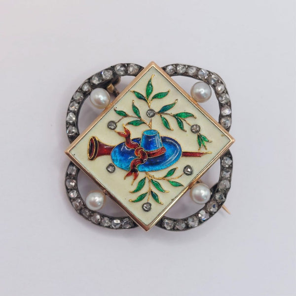 Antique Falize Enamel and Diamond Brooch