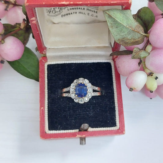 Antique French 1.07ct Sapphire and Diamond Cluster Dress Ring