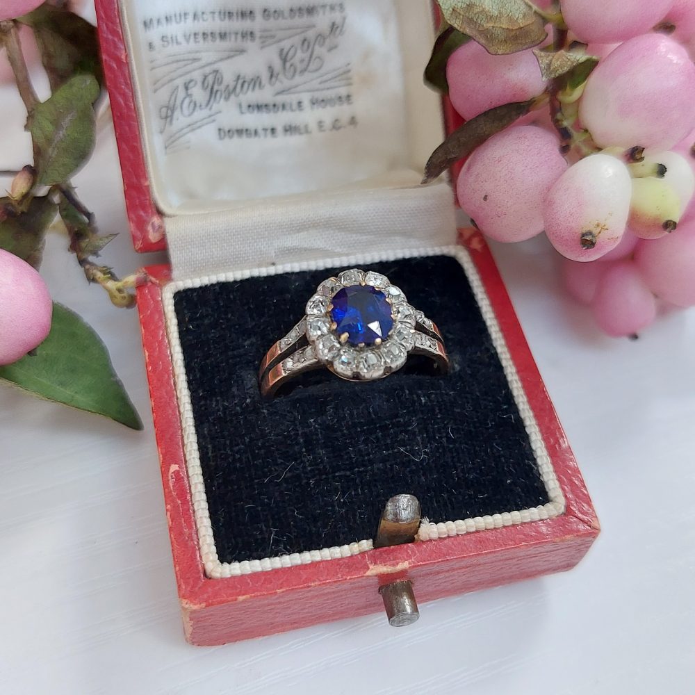 Antique French 1.07ct Sapphire and Diamond Cluster Dress Ring