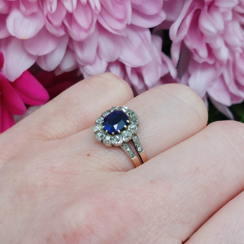 Antique French 1.07ct Sapphire and Diamond Cluster Dress Ring